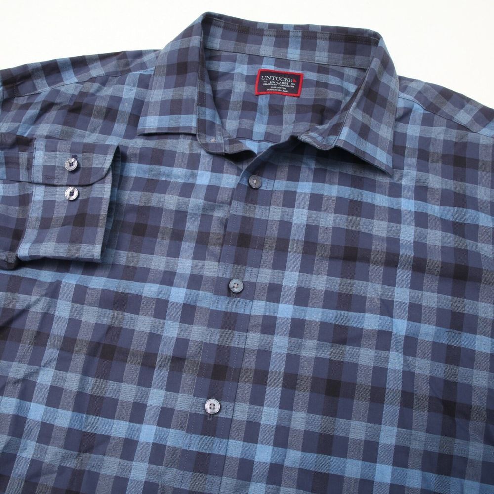 UNTUCKit Shirt Mens 2XL XXL Blue Plaid Spread Collar Long Sleeves